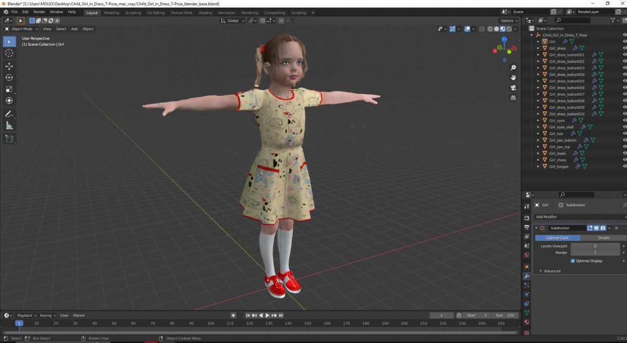 3D Child Girl in Dress T-Pose