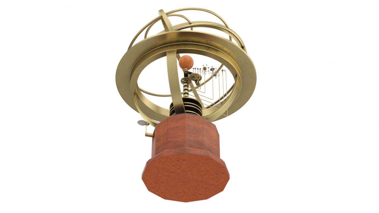 Brass Solar System Orrery with Wooden Base Rigged 3D model