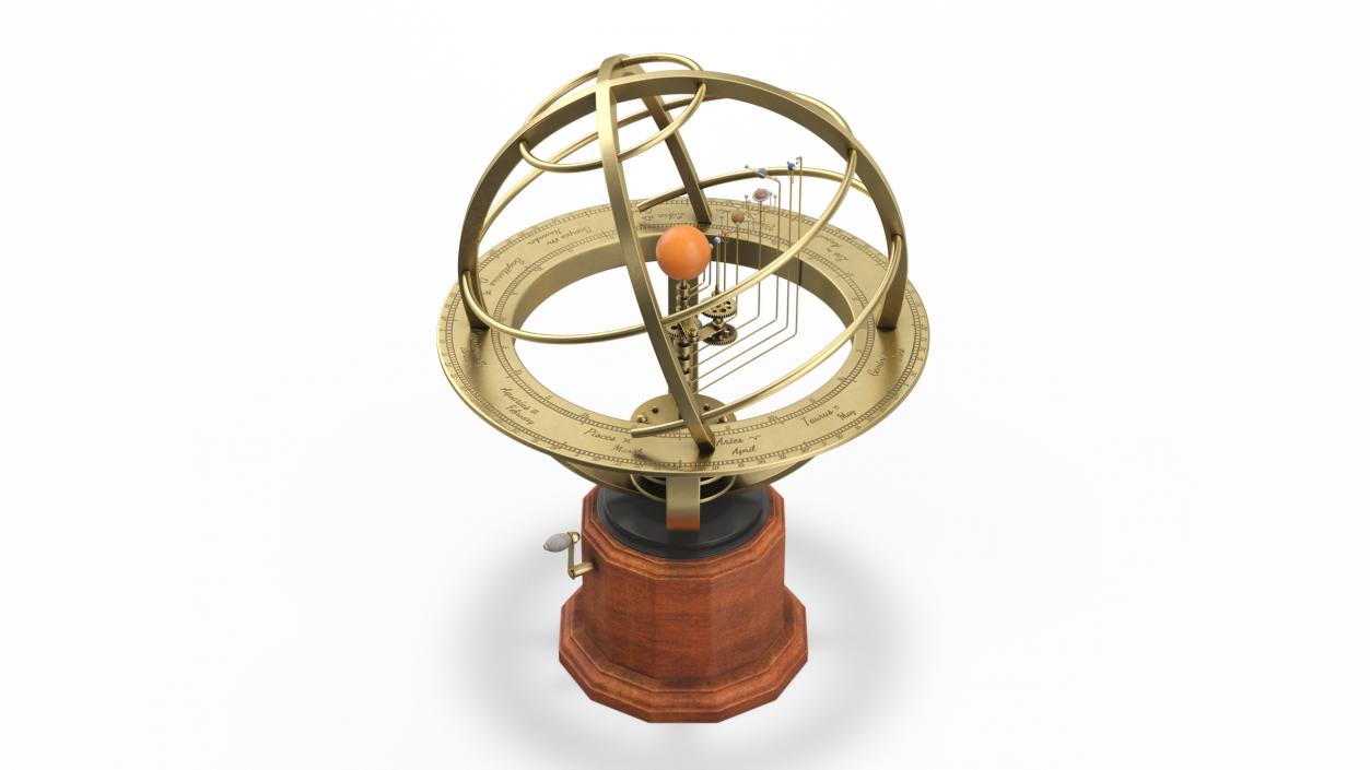 Brass Solar System Orrery with Wooden Base Rigged 3D model