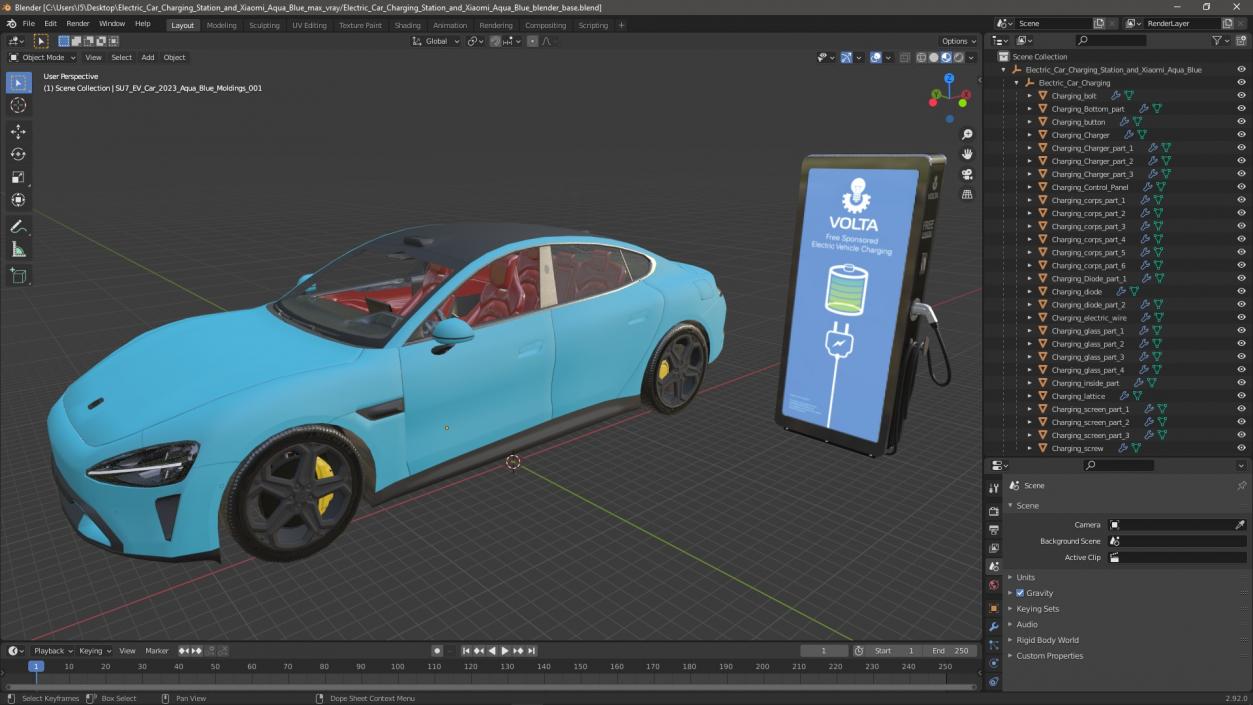 3D model Electric Car Charging Station and Xiaomi Aqua Blue