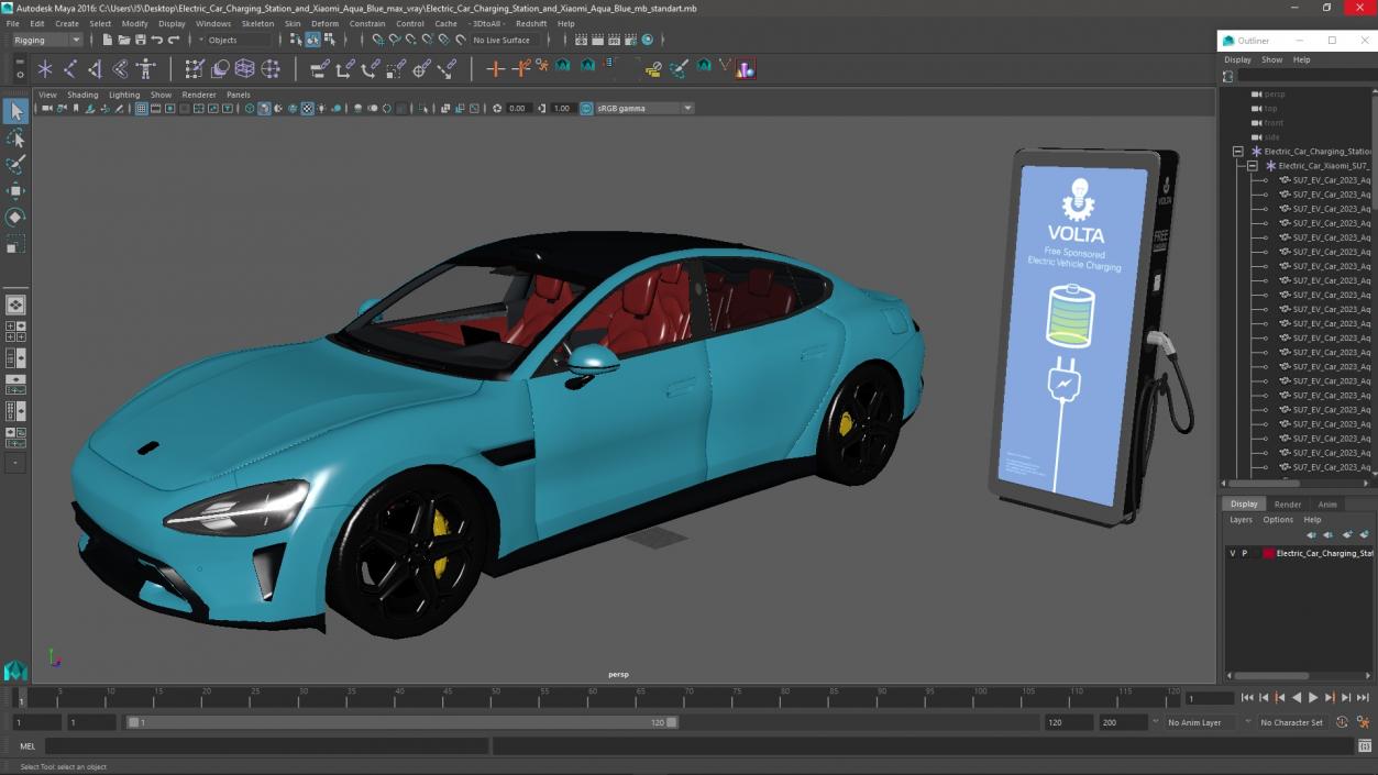3D model Electric Car Charging Station and Xiaomi Aqua Blue