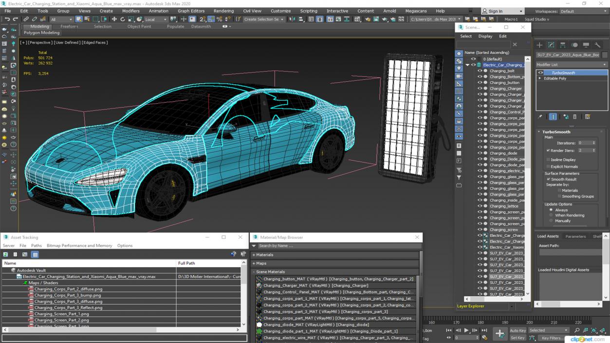 3D model Electric Car Charging Station and Xiaomi Aqua Blue