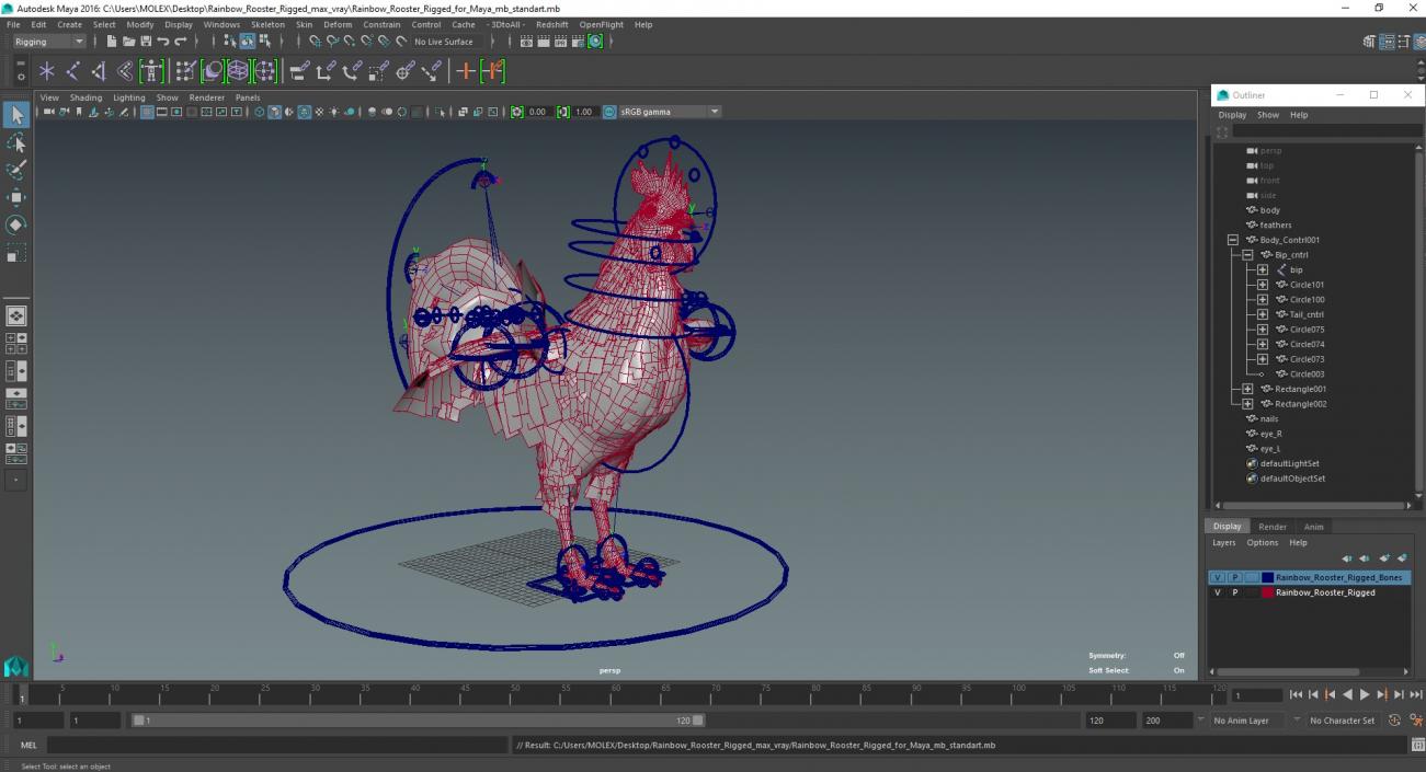 3D Rainbow Rooster Rigged for Maya