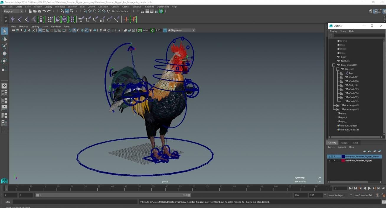 3D Rainbow Rooster Rigged for Maya