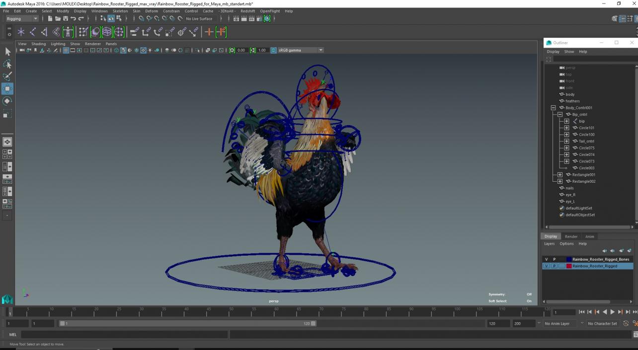 3D Rainbow Rooster Rigged for Maya