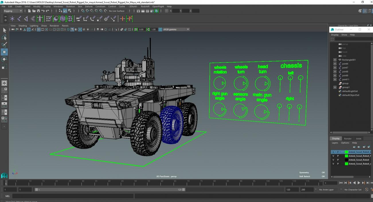 3D Armed Scout Robot Rigged for Maya model