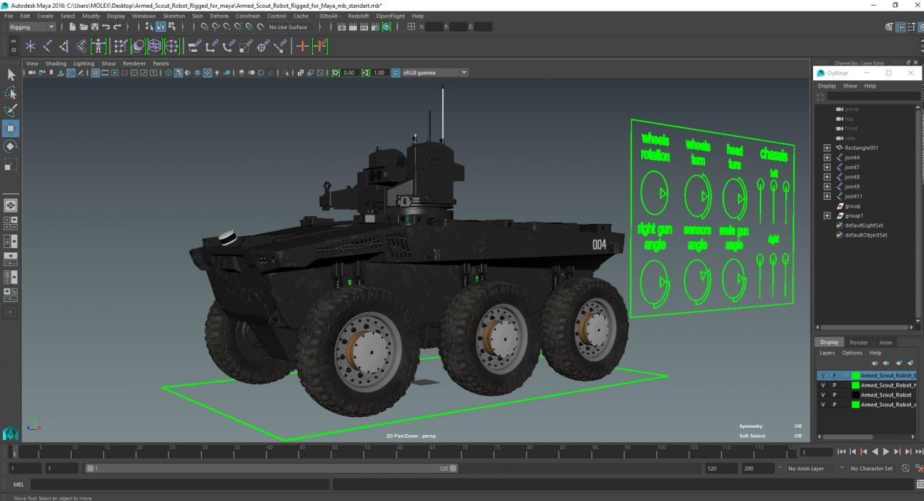 3D Armed Scout Robot Rigged for Maya model