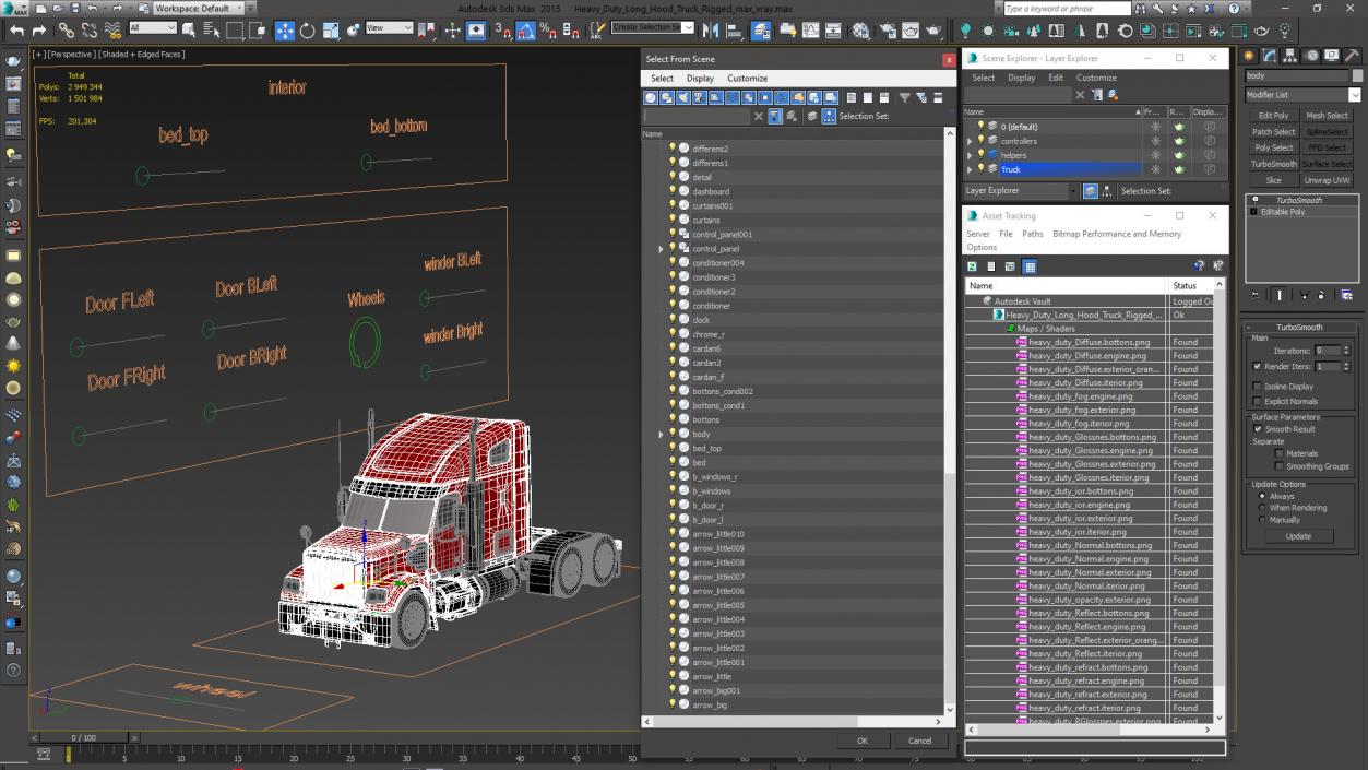 3D Heavy Duty Long Hood Truck Rigged model