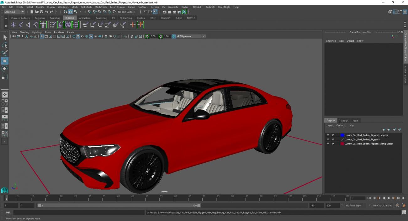 3D Luxury Car Red Sedan Rigged for Maya