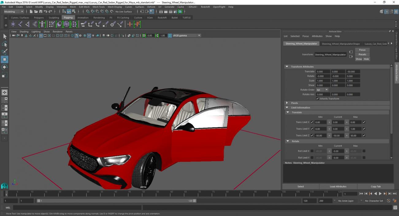 3D Luxury Car Red Sedan Rigged for Maya