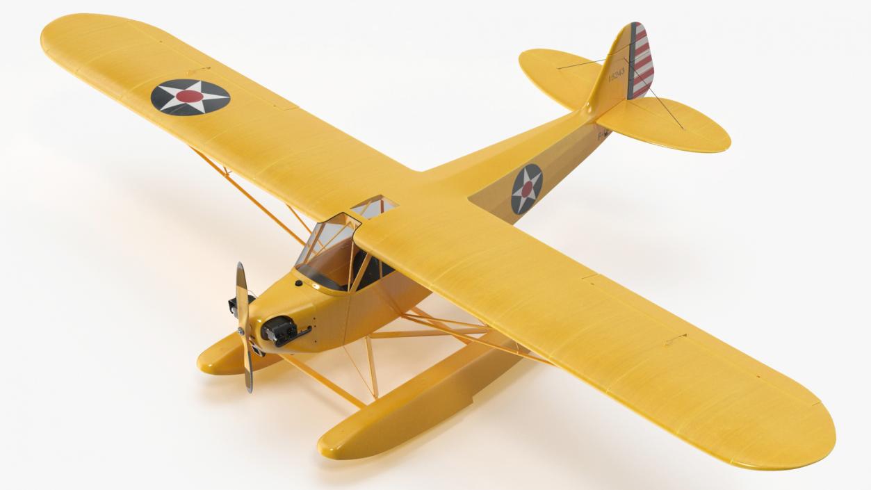 Piper J-3 Cub Light Aircraft with Floats Rigged 3D