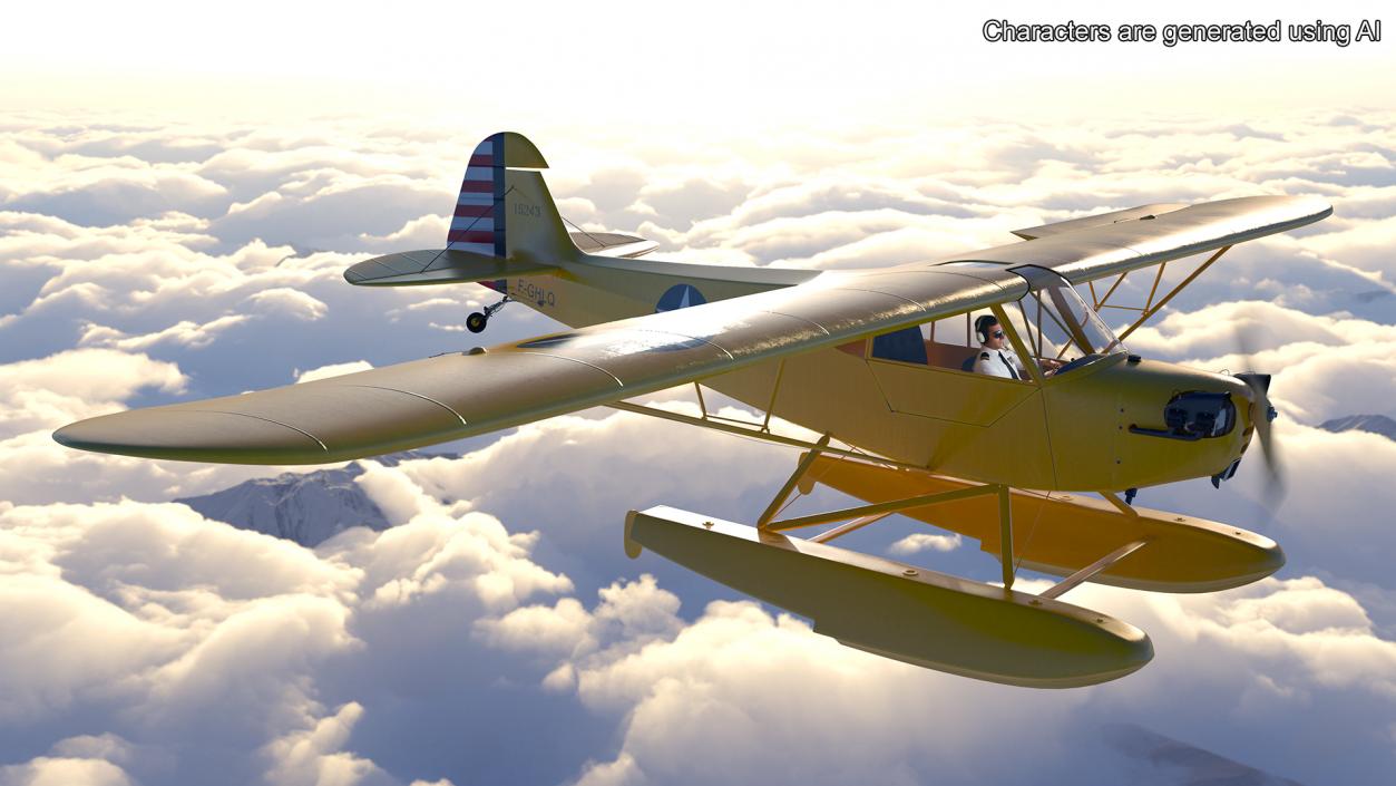 Piper J-3 Cub Light Aircraft with Floats Rigged 3D