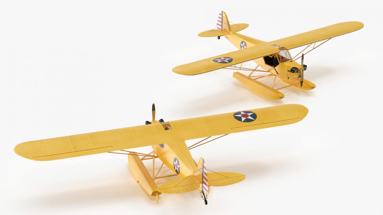 Piper J-3 Cub Light Aircraft with Floats Rigged 3D