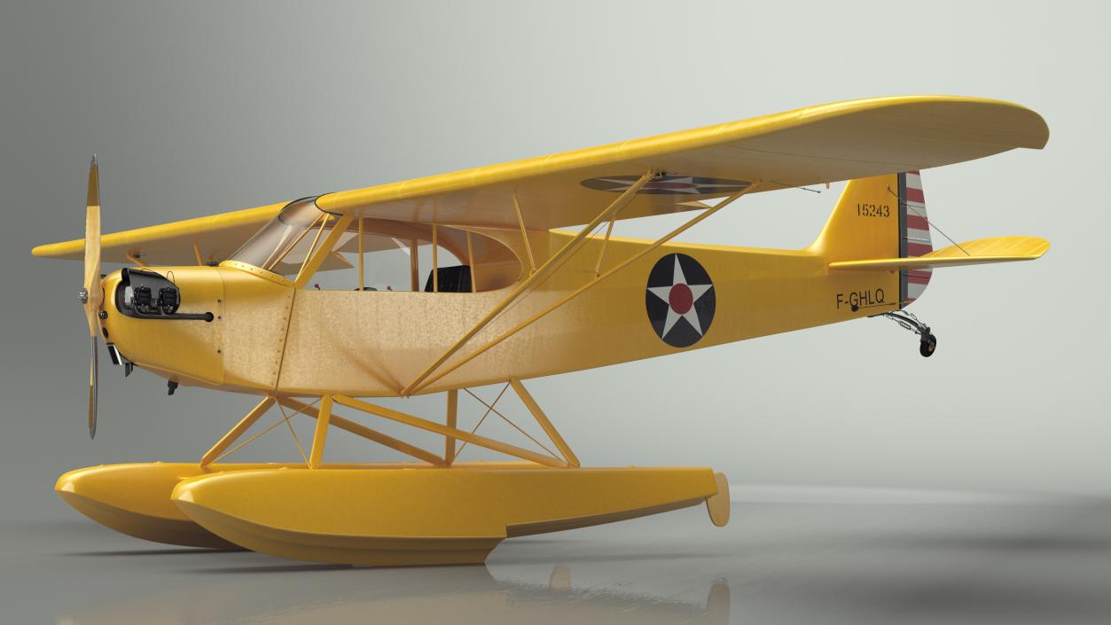 Piper J-3 Cub Light Aircraft with Floats Rigged 3D