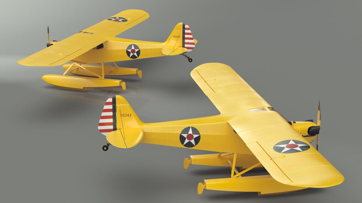 Piper J-3 Cub Light Aircraft with Floats Rigged 3D