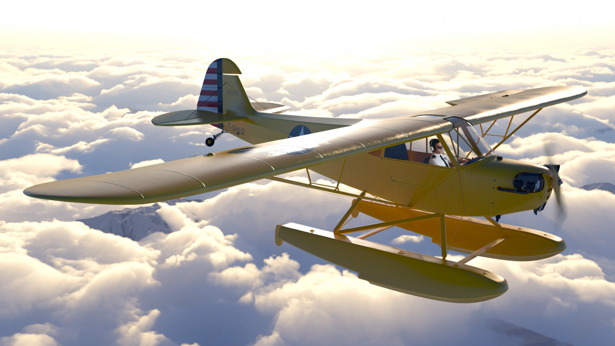 Piper J-3 Cub Light Aircraft with Floats Rigged 3D