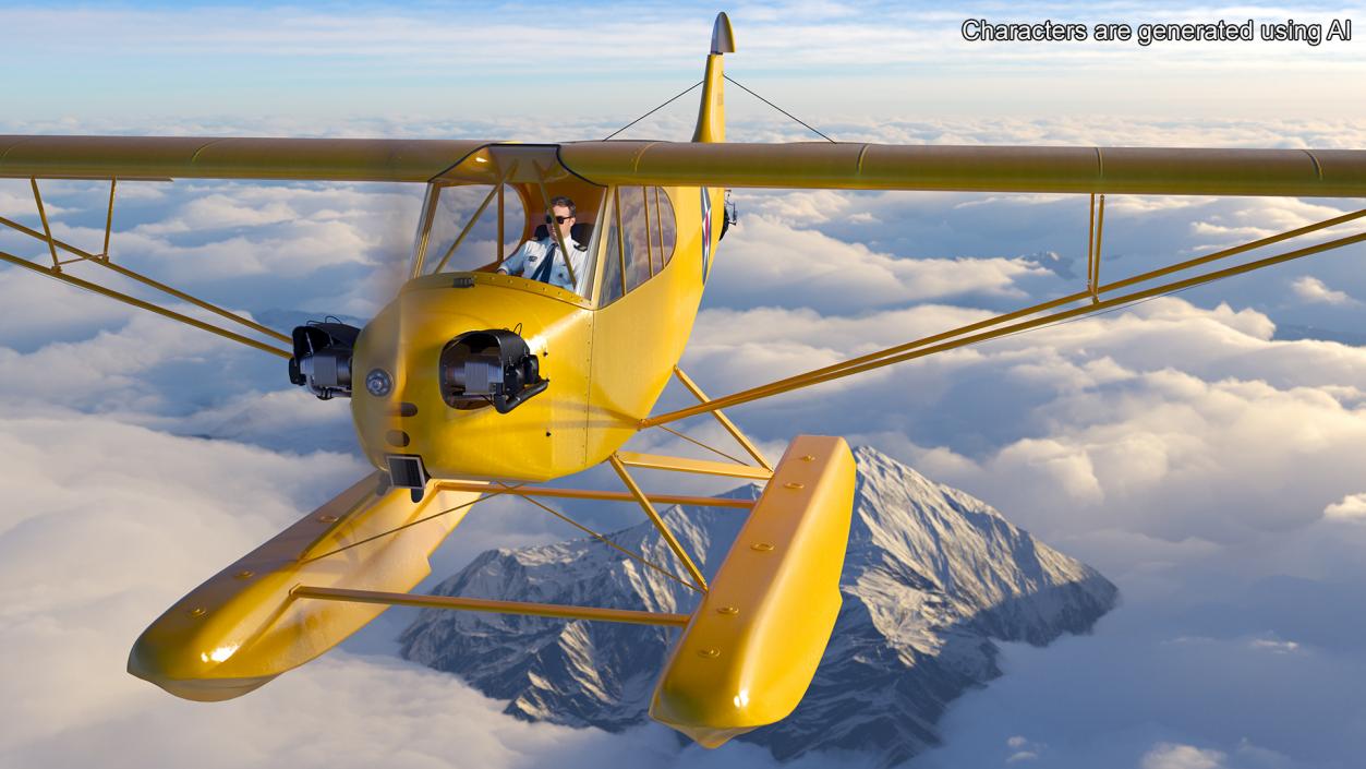 Piper J-3 Cub Light Aircraft with Floats Rigged 3D