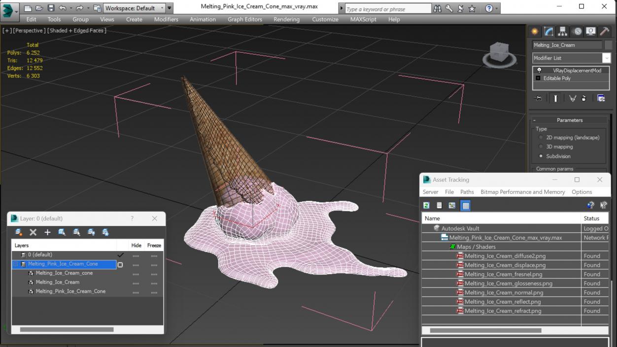 Melting Pink Ice Cream Cone 3D