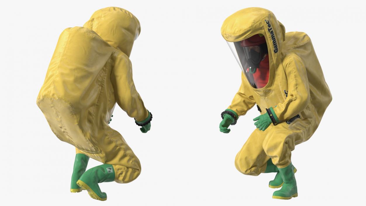 3D Heavy Duty Chemical Protective Suit Squat Pose Yellow model