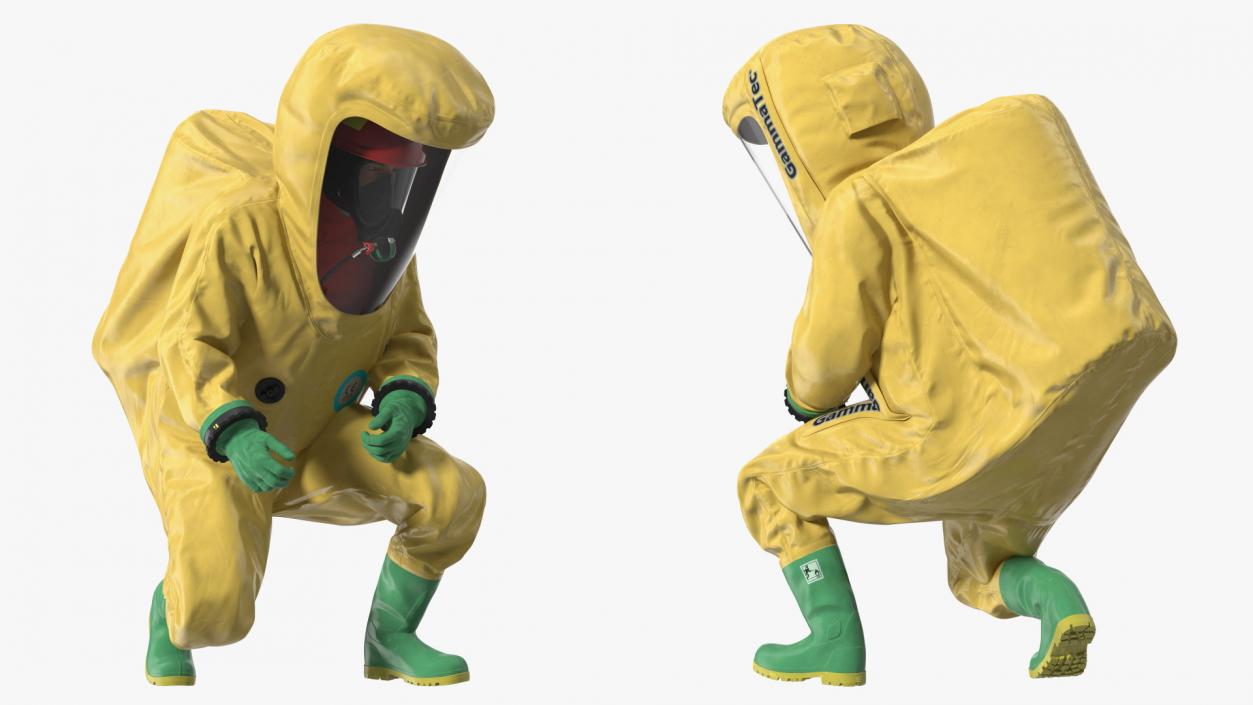 3D Heavy Duty Chemical Protective Suit Squat Pose Yellow model