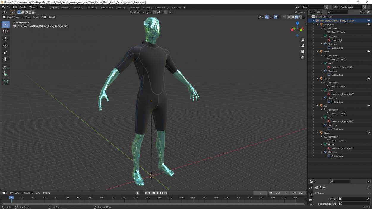 Man Wetsuit Black Shorty Version 2 3D model