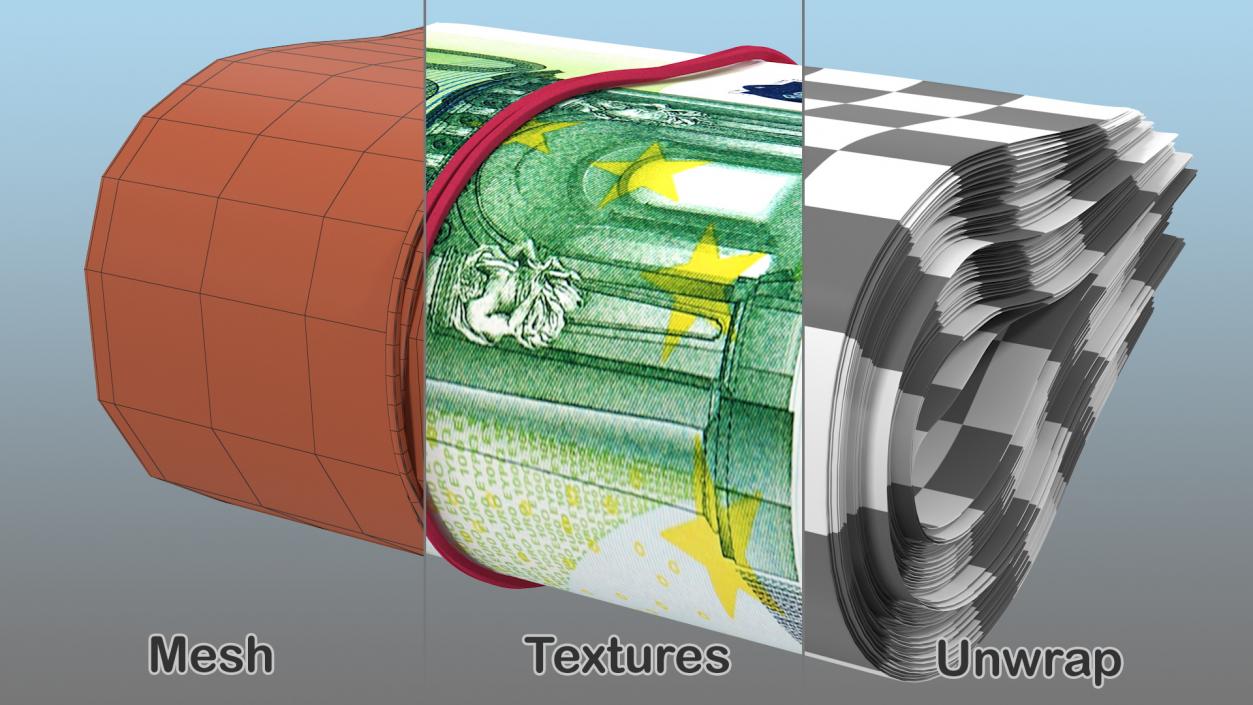 Rotating Bundle of Many Rolled Up 100 Euro 3D