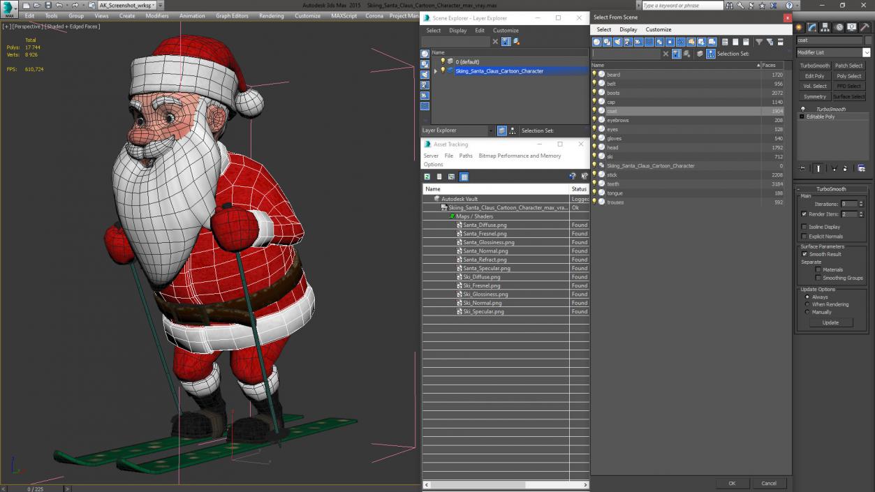 3D Skiing Santa Claus Cartoon Character