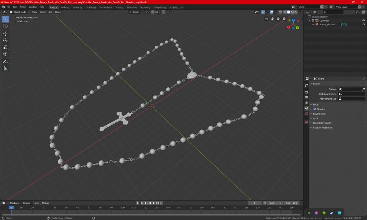 3D model Christian Rosary Beads with Crucifix Red