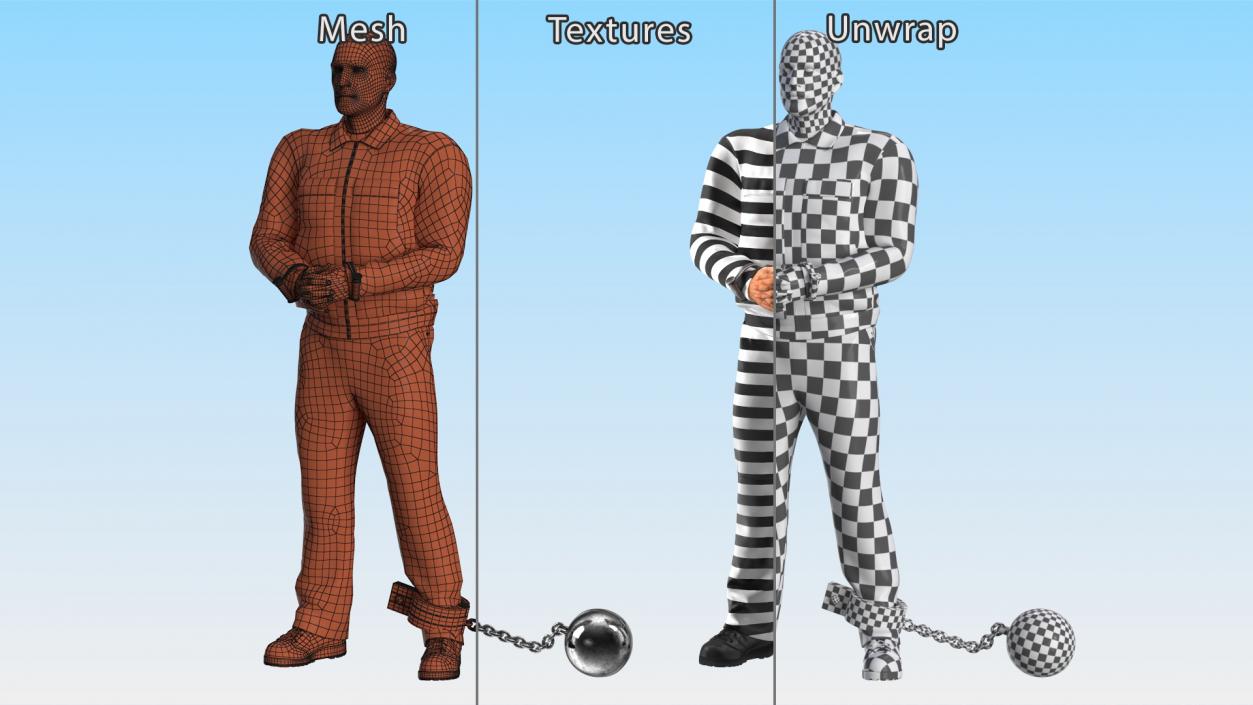 3D Prisoner Wearing Old Robe with Shackles Fur model