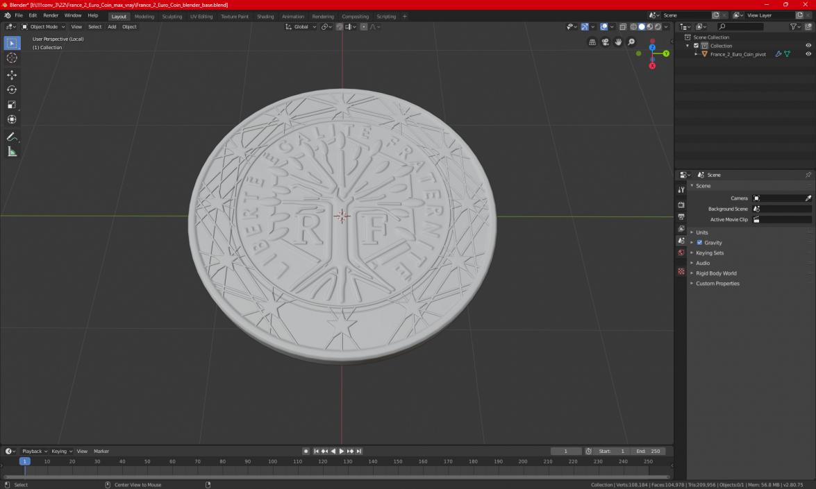3D France 2 Euro Coin model