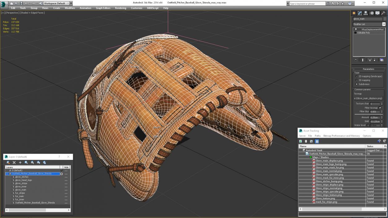 3D Outfield Pitcher Baseball Glove Shinola Fur model