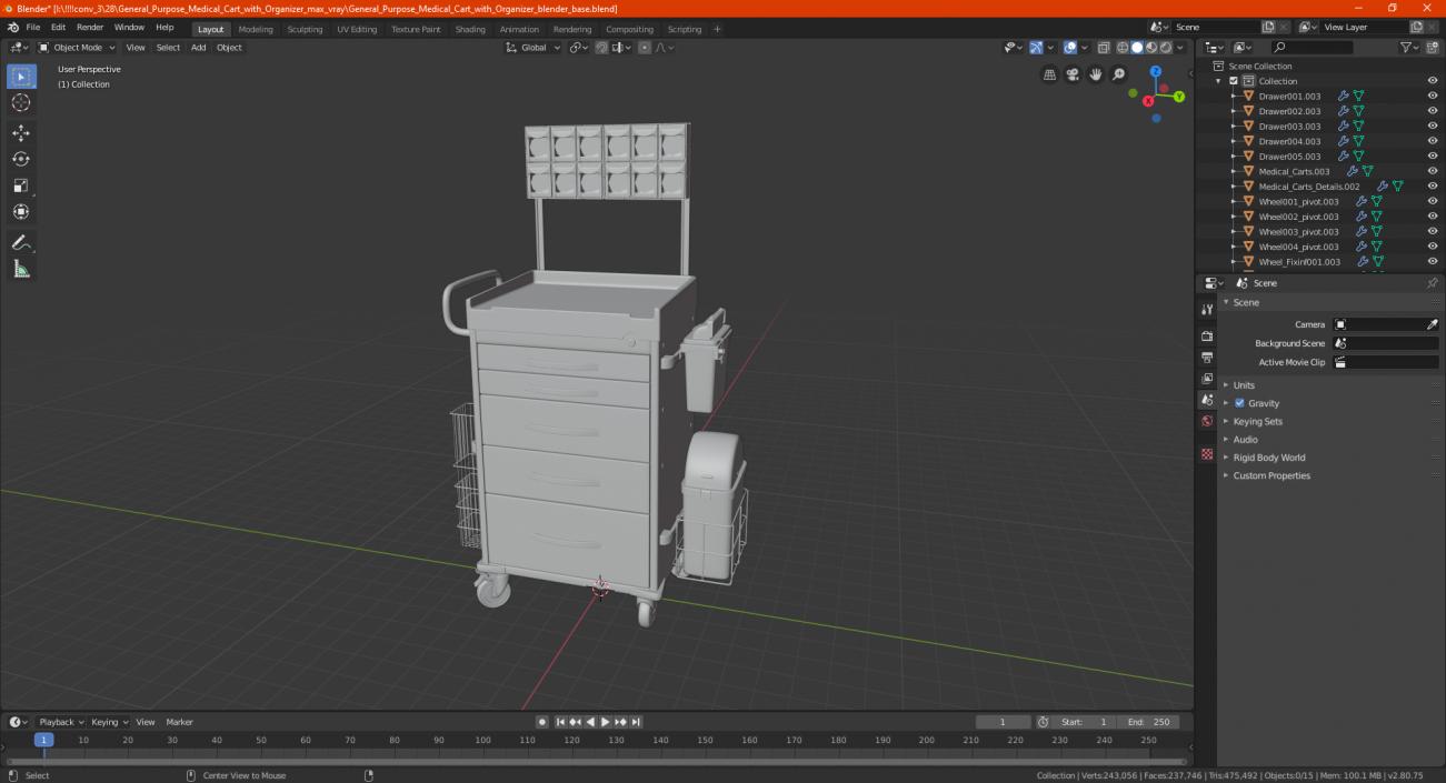 3D General Purpose Medical Cart with Organizer model