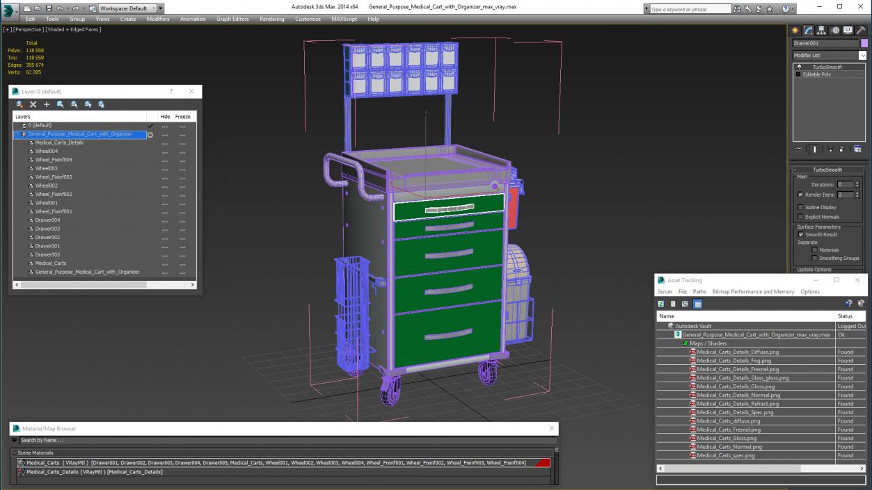 3D General Purpose Medical Cart with Organizer model