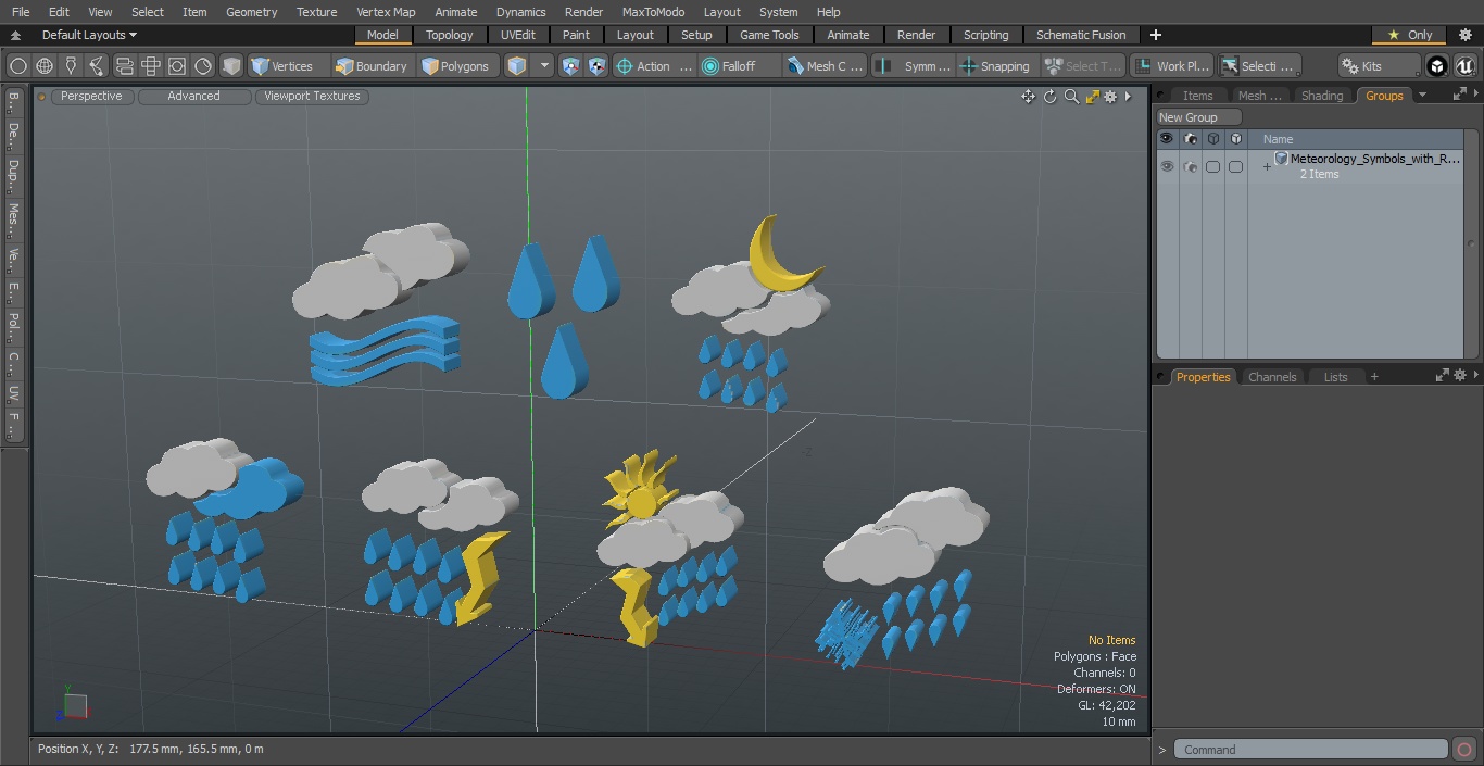 Meteorology Symbols with Rain and Wind Set 3D