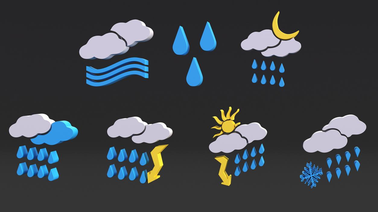 Meteorology Symbols with Rain and Wind Set 3D