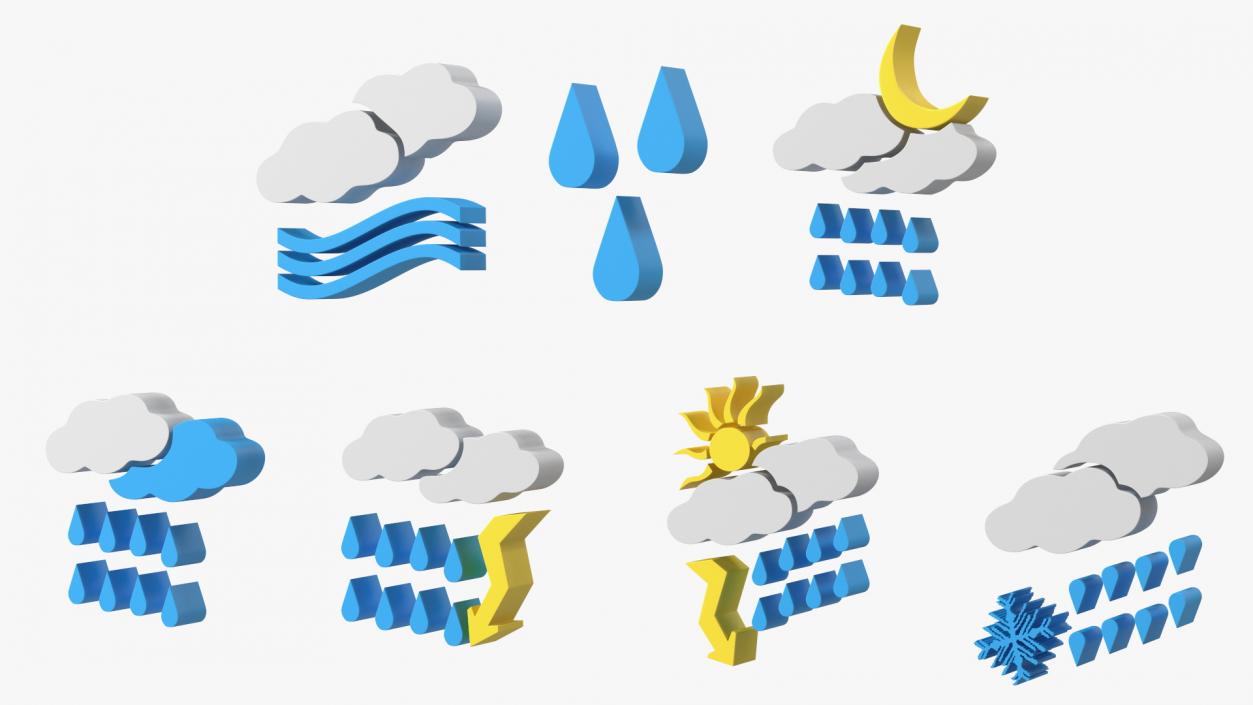 Meteorology Symbols with Rain and Wind Set 3D