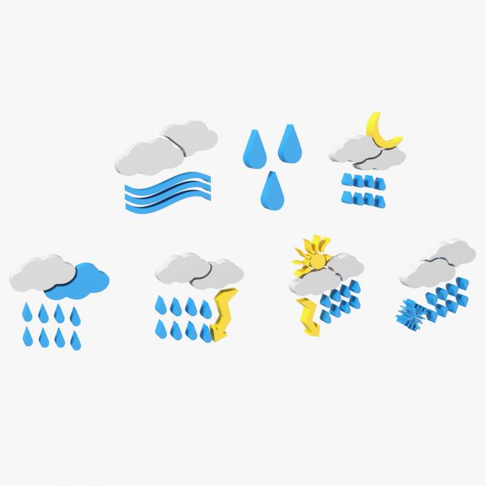 Meteorology Symbols with Rain and Wind Set 3D