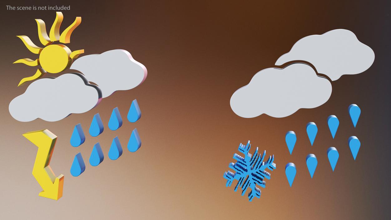 Meteorology Symbols with Rain and Wind Set 3D