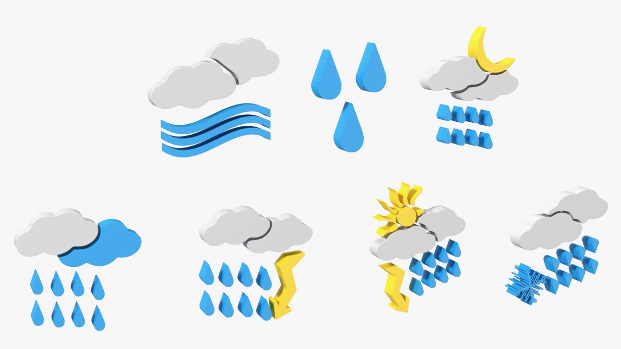 Meteorology Symbols with Rain and Wind Set 3D