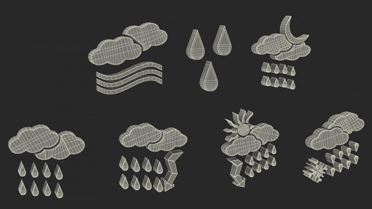 Meteorology Symbols with Rain and Wind Set 3D