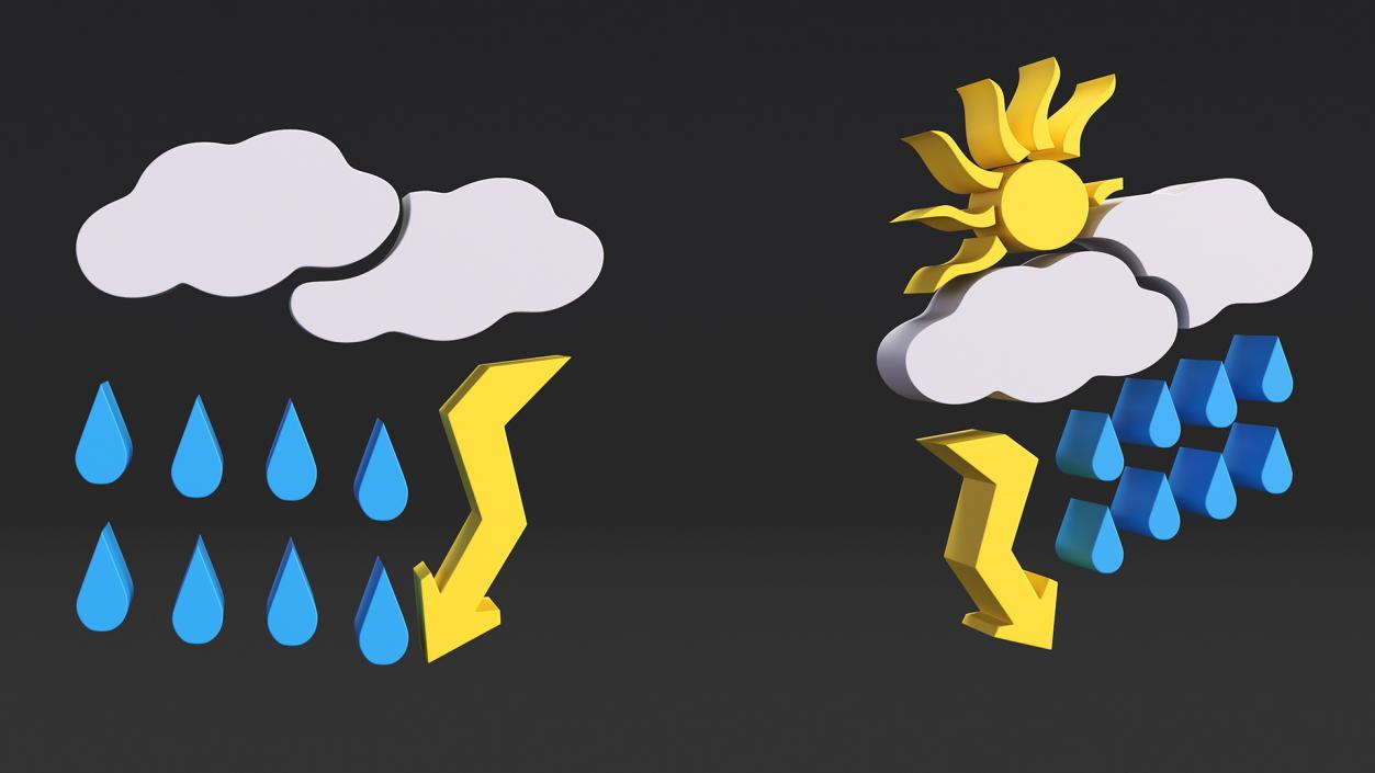 Meteorology Symbols with Rain and Wind Set 3D