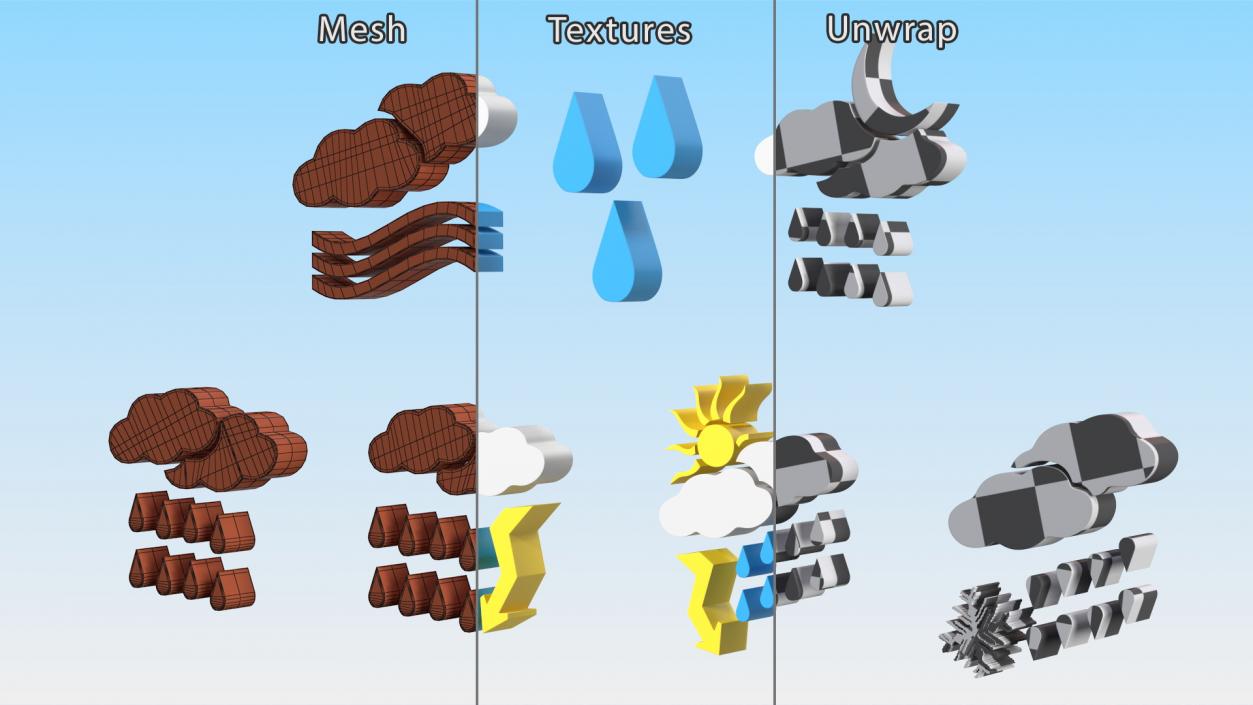 Meteorology Symbols with Rain and Wind Set 3D