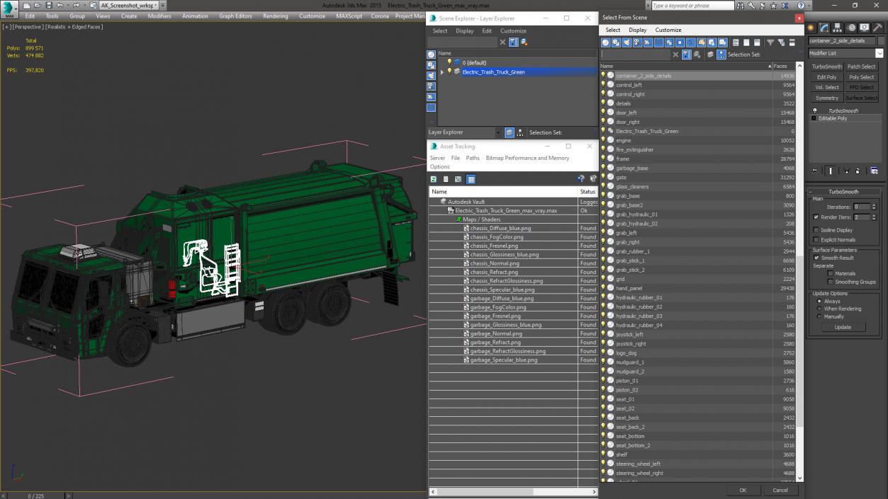 3D Electric Trash Truck Green