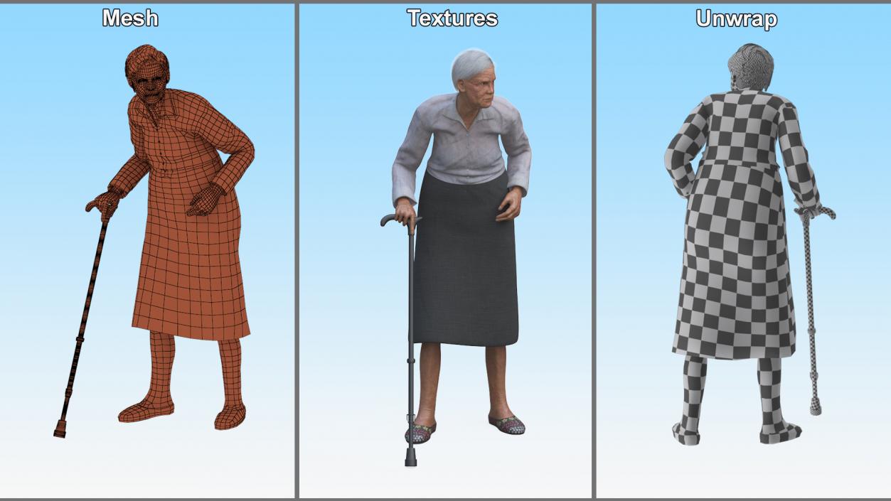 Older Woman with Walking Cane 3D model