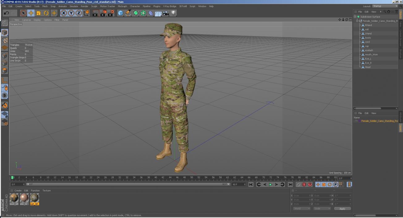 3D Female Soldier Camo Standing Pose model