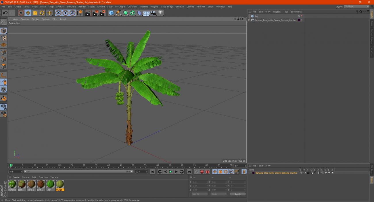 Banana Tree with Green Banana Cluster 3D