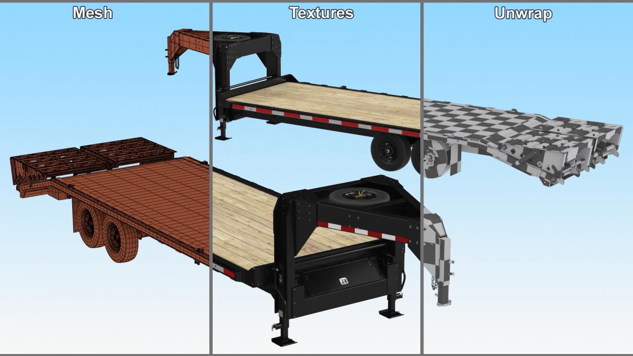 3D Flat Bed Gooseneck Pickup Trailer model