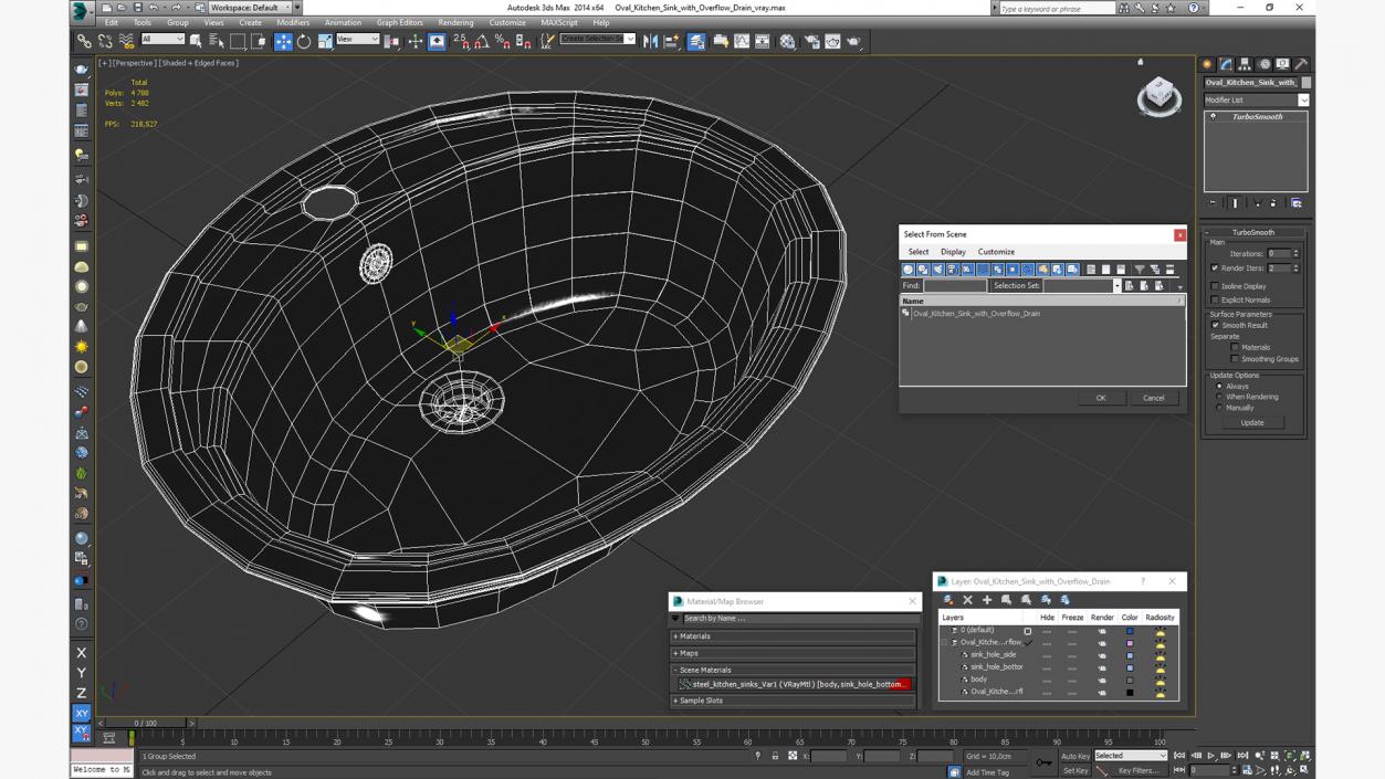 Oval Kitchen Sink with Overflow Drain 3D