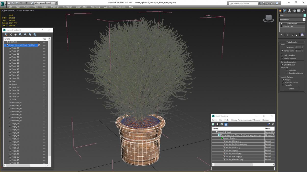 3D Green Spherical Shrub Pot Plant