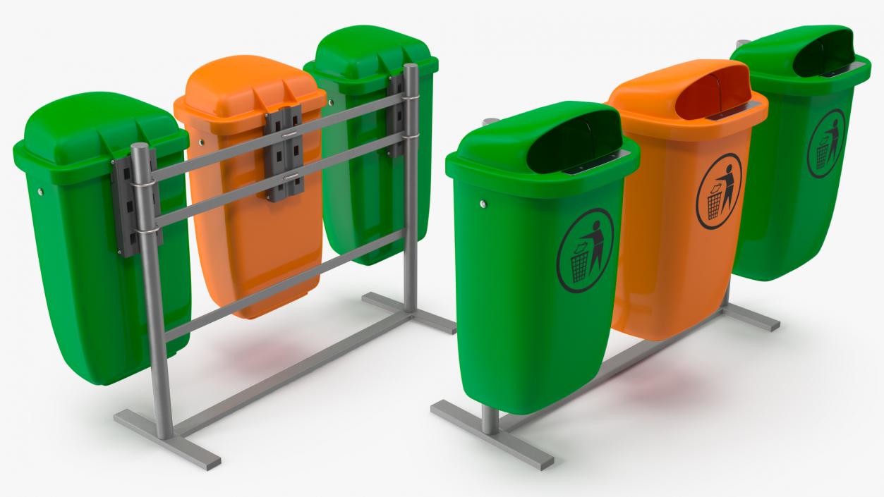 3D Outdoor Triple Plastic Trash Cans model